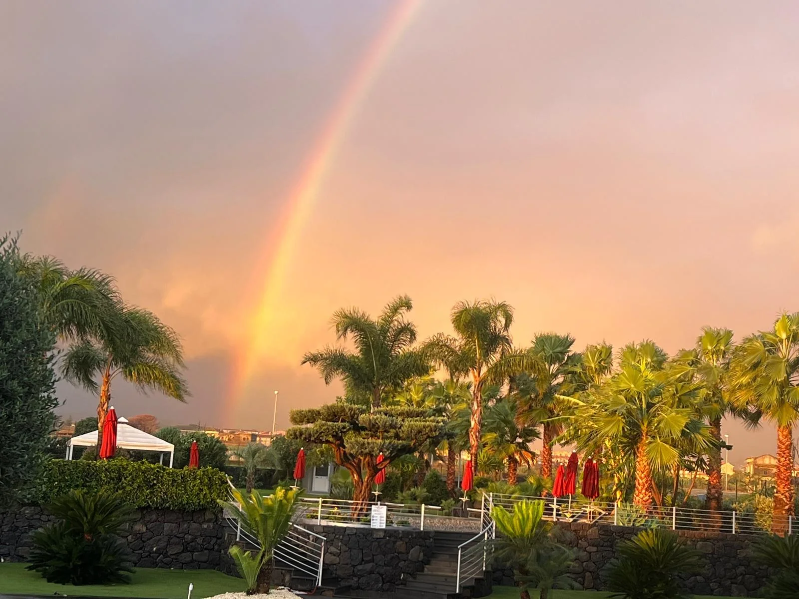 Arcobaleno e palme nel giardino del resort al tramonto